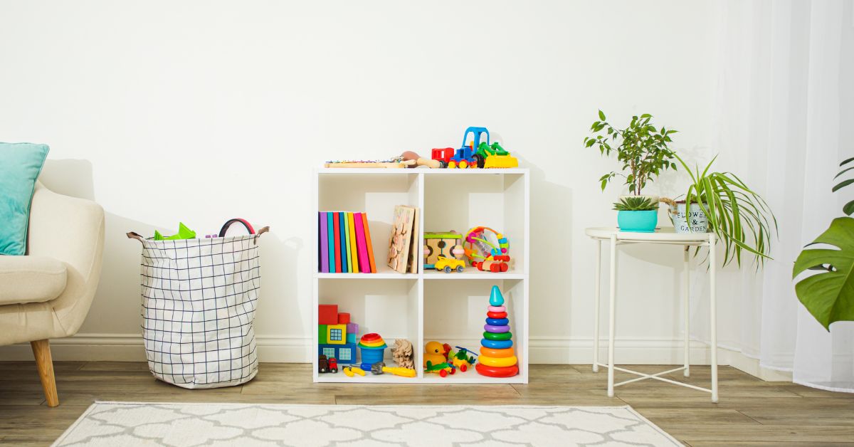 organized play room with shelf of toys - 247 Self Storage self storage