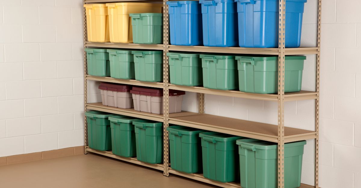 wall shelves filled with storage bins - 247 Self Storage Self Storage